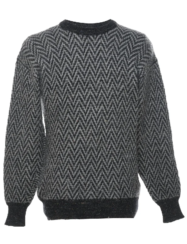 Grey Patterned Knit Jumper - M Terry Terry Cloth Terry Knit