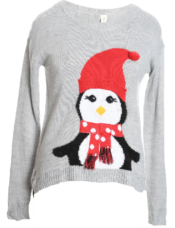 Grey, Red & White Penguin Design Knit Christmas Jumper - M Wool Sweater Cotton Sweater Cashmere Sweater