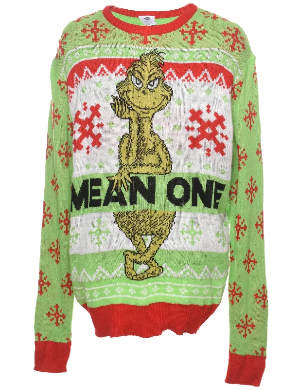 Grinch Design Green Christmas Jumper - XXL Beaded Sweater Sequined Faux Fur