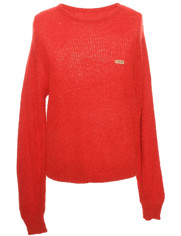 Hand Knitted Red Jumper - M Turtle Neck Boat Neck Asymmetrical Neck