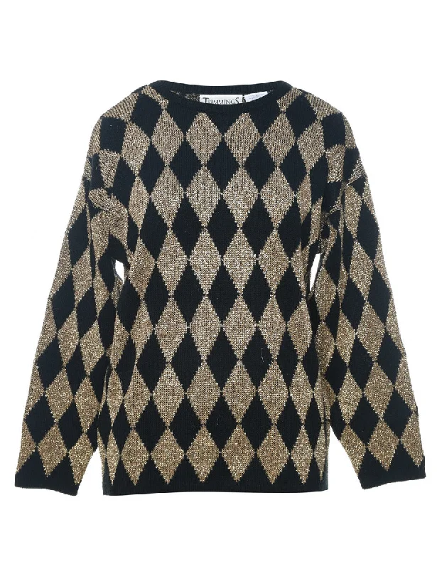Harlequin Pattern Black & Gold Sparkly Jumper - M Beaded Sweater Sequined Faux Fur