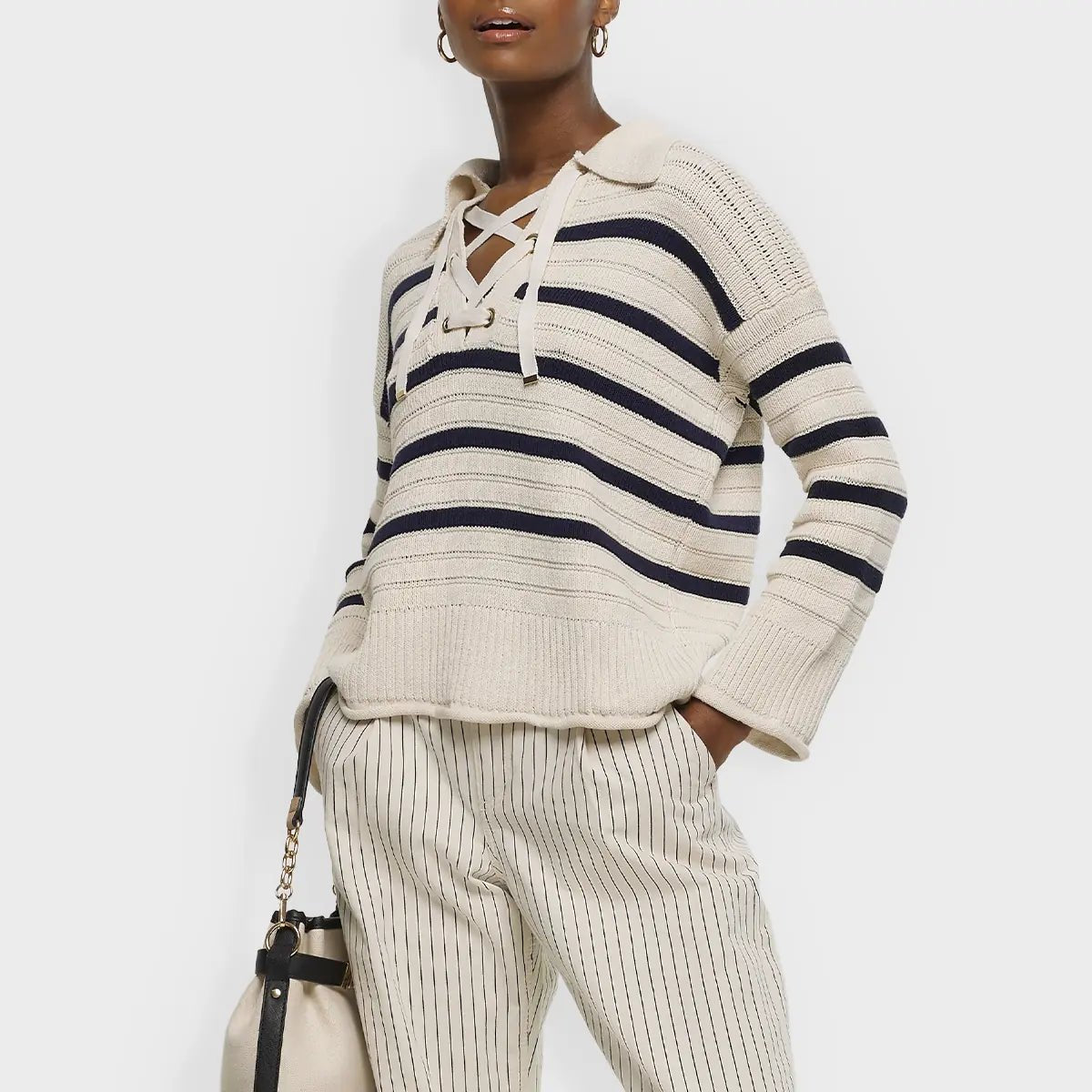 Ladies Striped Tieneck Jumper Chenille Blend Fleece Blend Nylon Blend