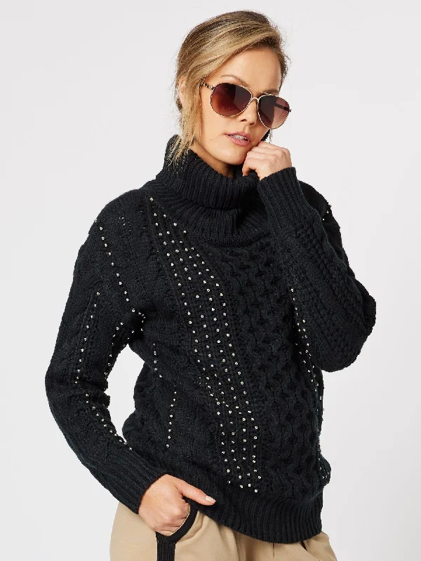 Lulu Metallic Bead Chunky Knit Jumper - Black Fitted Slim Tailored