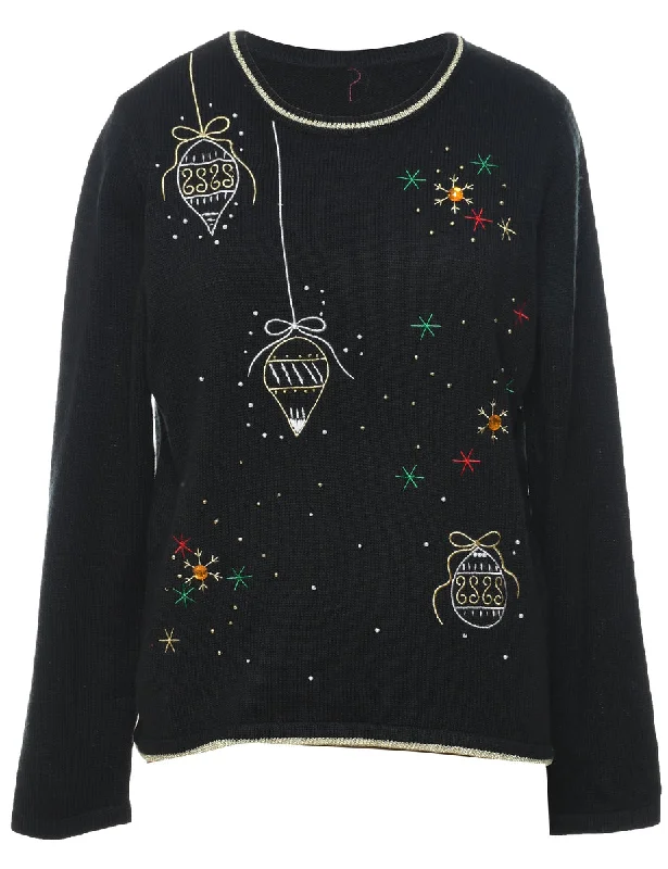 Lurex Thread Pattern Christmas Jumper - M Fleece Sweater Nylon Polyester