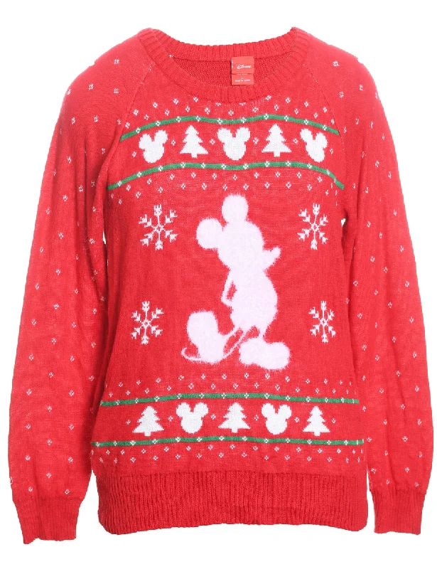 Mickey Mouse Red Knit Disney Christmas Jumper - L Stylish Fashionable Trendy