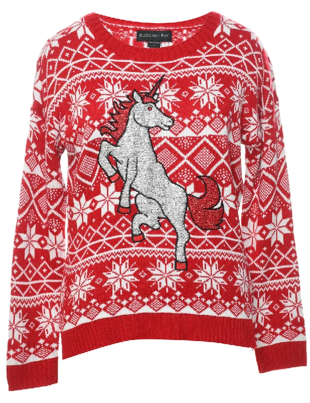 Nordic Unicorn Christmas Jumper - L Ribbed Striped Patterned