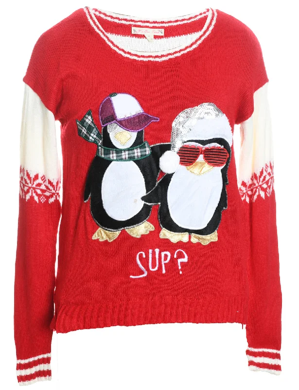 Penquin Christmas Jumper - S Print Jacquard Patchwork