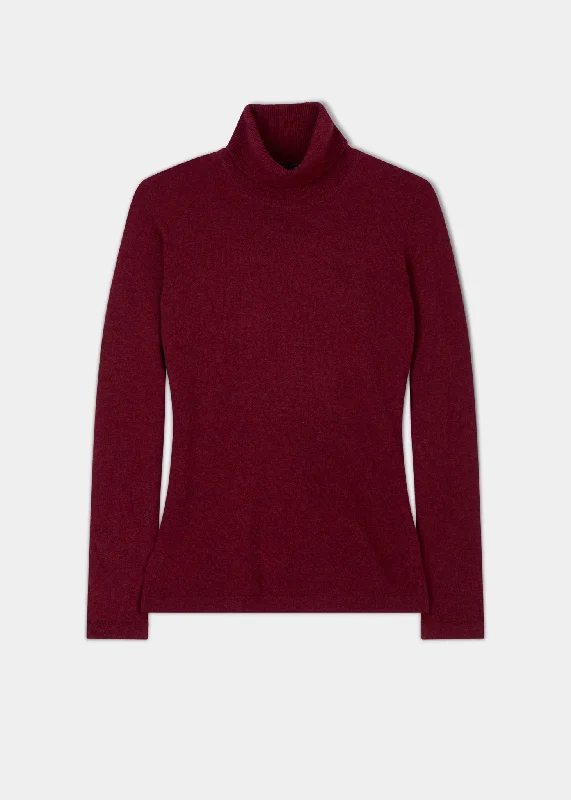 Rebecca Ladies Roll Neck Jumper In Pyrrole Red Houndstooth Herringbone Solid