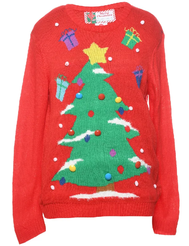 Red Christmas Jumper - M Handmade Hand-knitted Hand-woven
