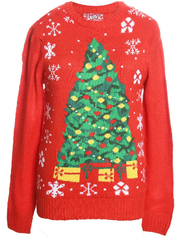 Red Christmas Jumper - S Ribbed Striped Patterned