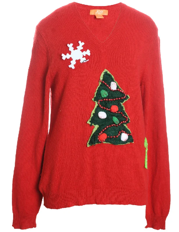 Red Christmas Tree Design Jumper - M Satin Blend Silk Blend Wool Blend