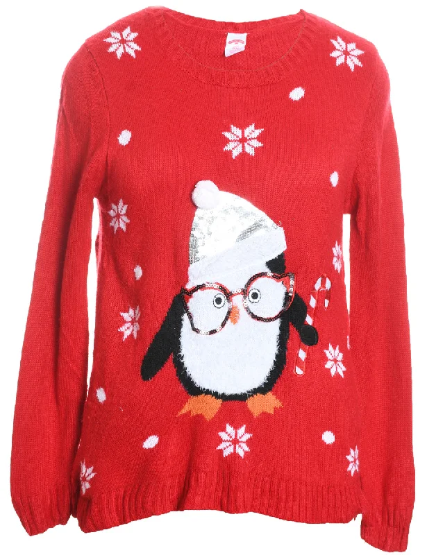Red Knit Penguin Christmas Jumper - S Spandex Blend Rayon Blend Denim Blend