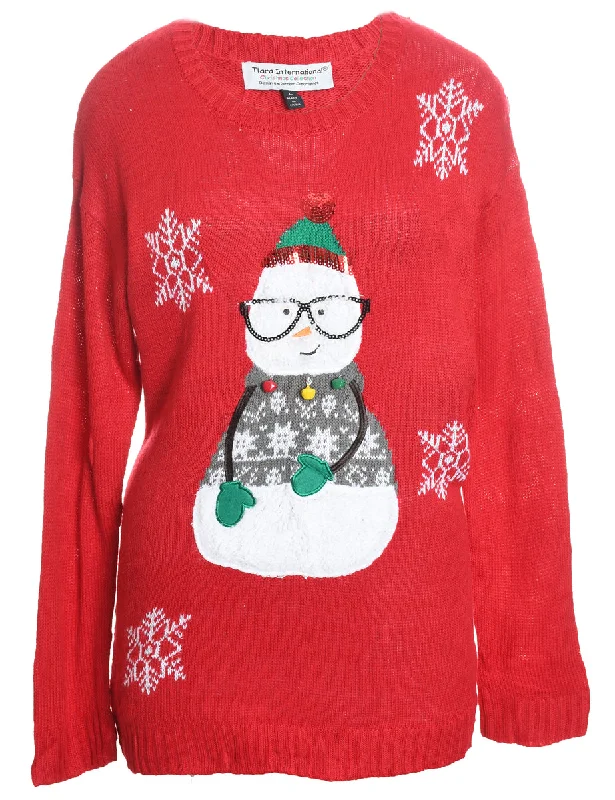 Red Knit Snowman Design Christmas Jumper  - L Lace Blend Ribbed Blend Corduroy Blend