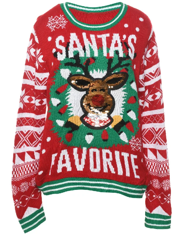 Reindeer Christmas Jumper - L Print Jacquard Patchwork