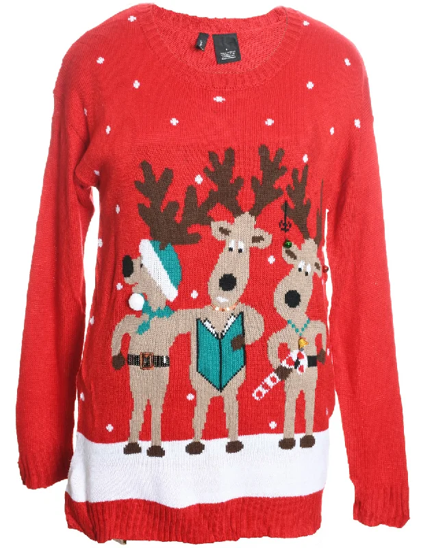Reindeer Christmas Jumper - L Embroidered Appliqued Beaded