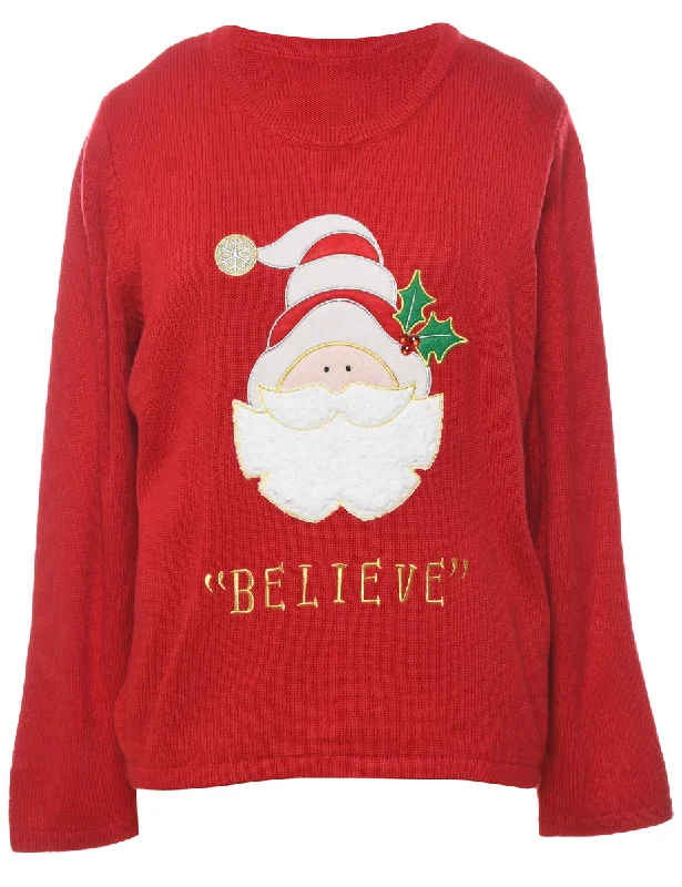 Santa Claus Christmas Jumper - L Beaded Sweater Sequined Faux Fur