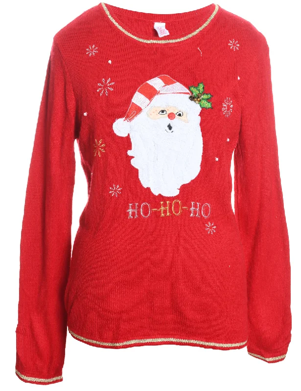Santa Claus Christmas Jumper - L Houndstooth Herringbone Solid