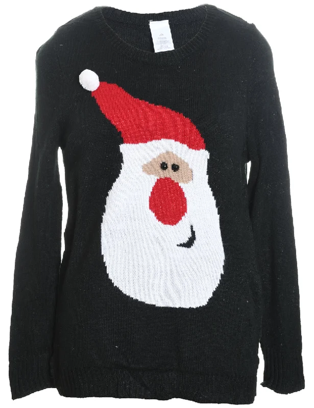 Santa Claus Design Black Knit Christmas Jumper - L Print Jacquard Patchwork