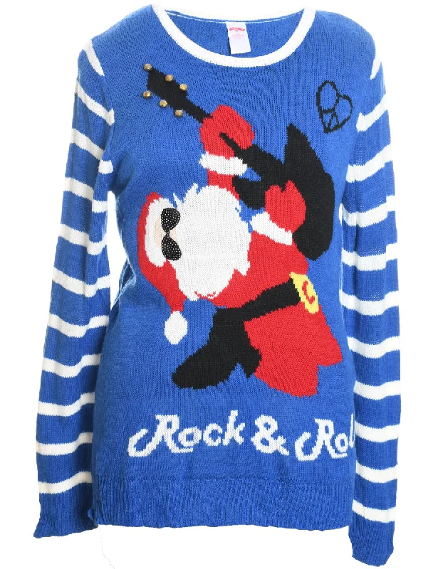 Santa Claus Design Blue Knit Christmas Jumper - L Plaid Sweater Polka Dot Checkered