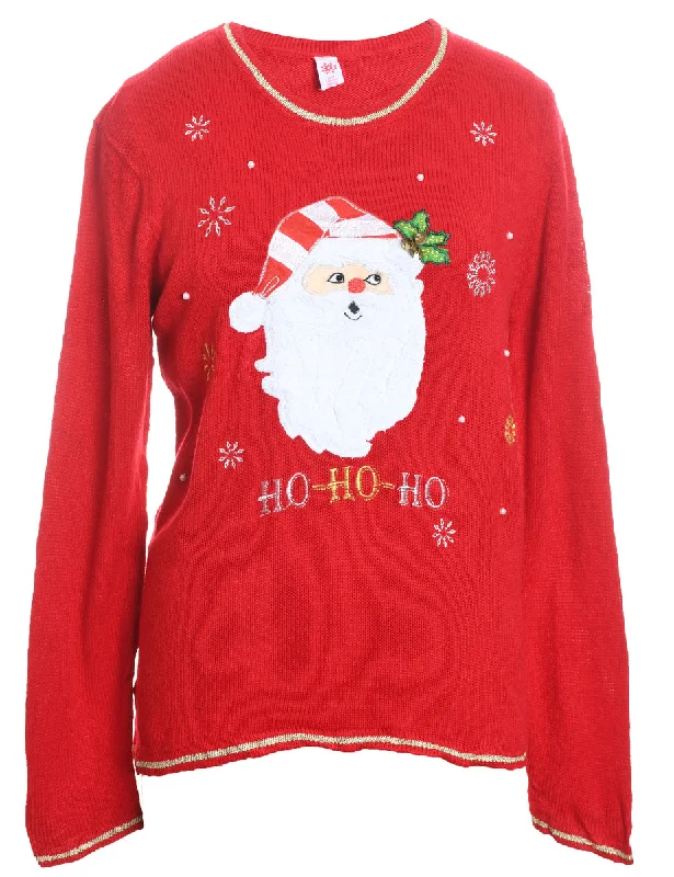 Santa Claus Design Red Embroidered Christmas Jumper - L Elegant Classic Vintage