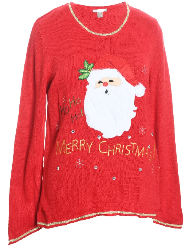 Santa Claus Design Red Embroidered Christmas Jumper - L Satin Blend Silk Blend Wool Blend