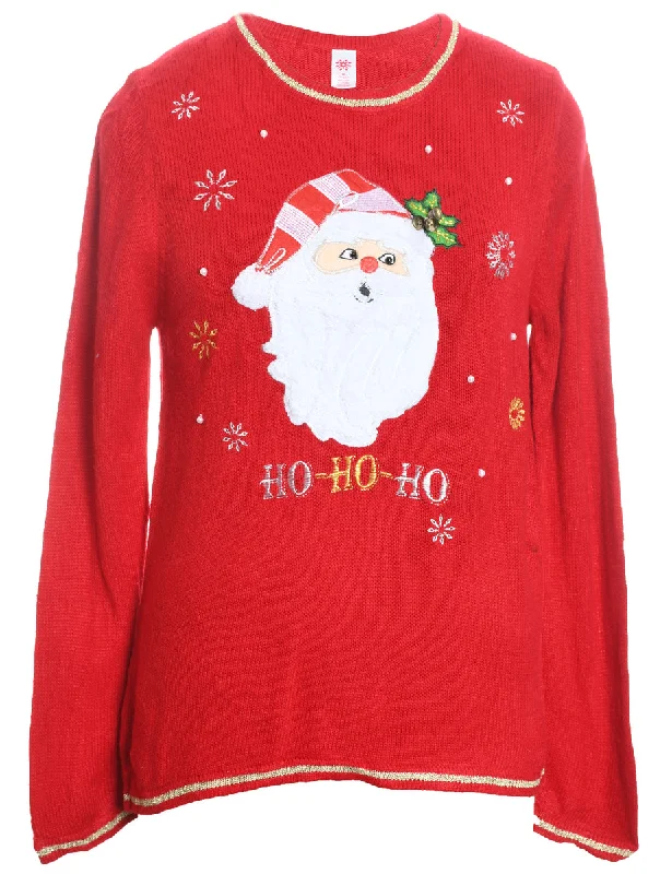 Santa Claus Design Red Embroidered Christmas Jumper - M Transparent Opaque Sheer