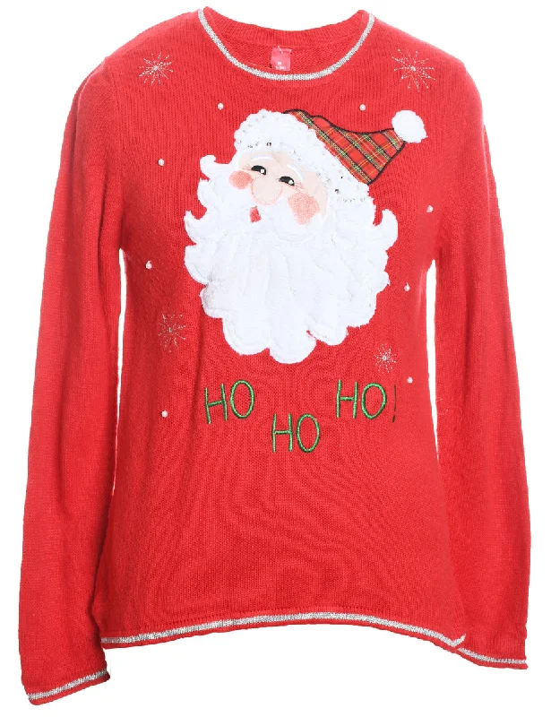 Santa Claus Design Red Embroidered Christmas Jumper - M Anti-Pilling Anti-Shrink Durable