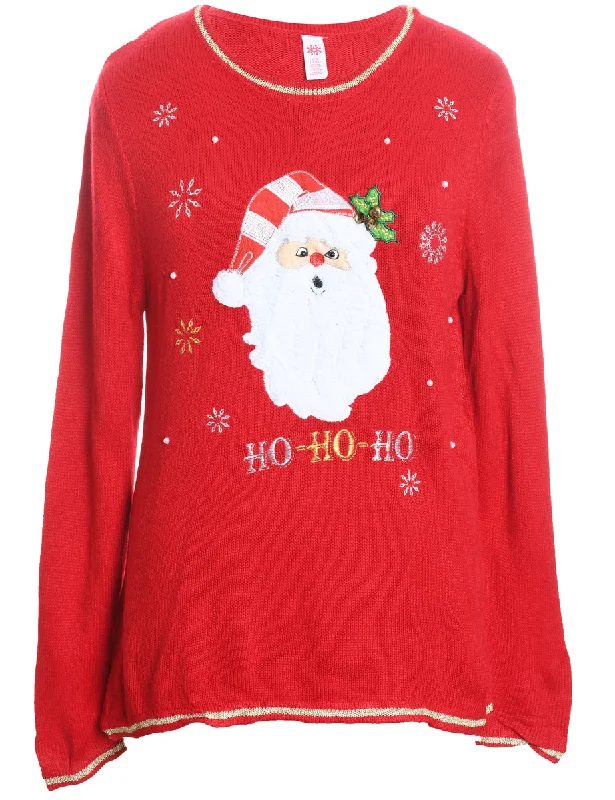 Santa Claus Design Red Knit Christmas Jumper - L Turtle Neck Boat Neck Asymmetrical Neck