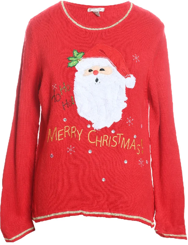 Santa Claus Design Red Knit Christmas Jumper - L Boat Neck Shawl Collar Notched Collar Santa Claus Design Red Knit Christmas Jumper - L Boat Neck Shawl Collar Notched Collar