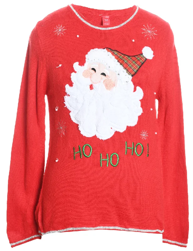 Santa Claus Design Red Knit Christmas Jumper - M Glossy Satin Silk