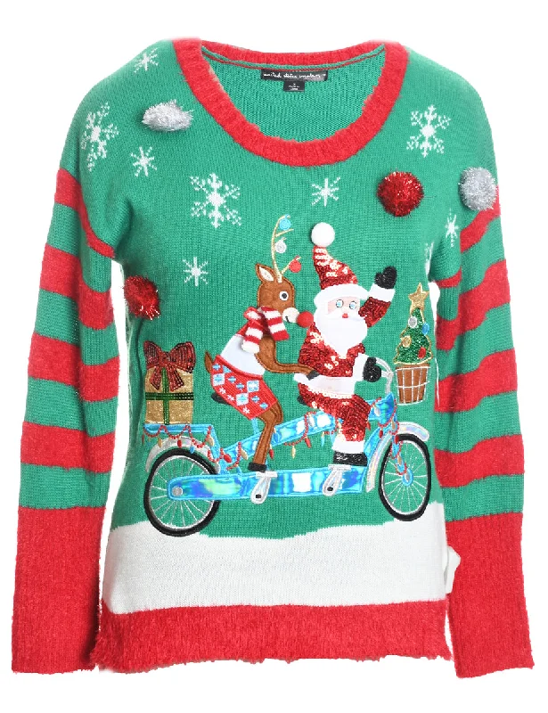Santa Claus & Reindeer Christmas Jumper - S Graphic Sweater Embroidered Appliqued
