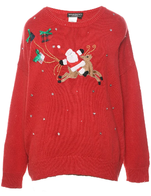 Santa Claus & Reindeer Vintage Christmas Jumper - XL Stylish Fashionable Trendy