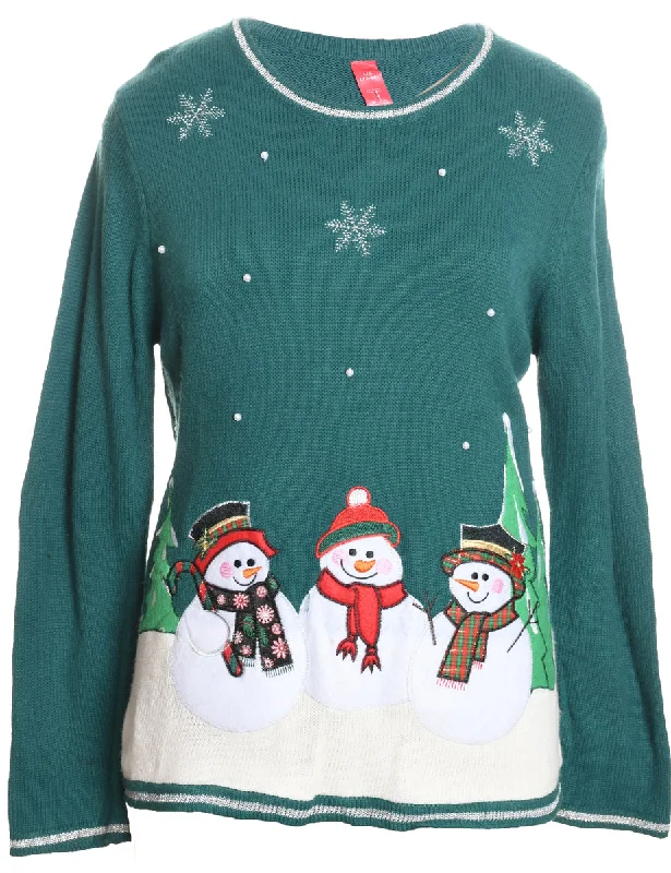 Snowman Christmas Jumper - L Herringbone Houndstooth Plaid