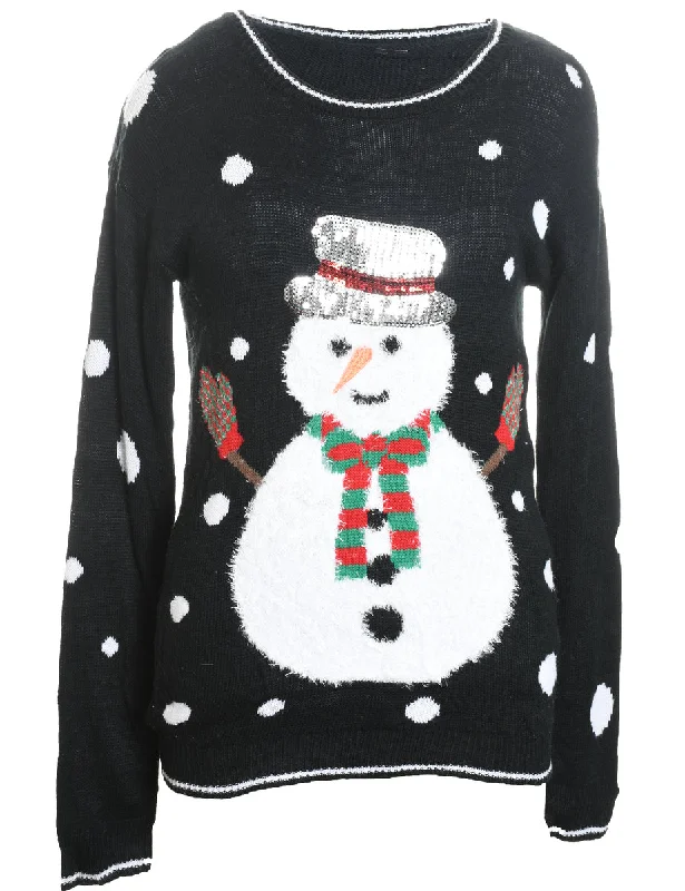 Snowman Design Black Christmas Jumper - M Welt Pockets Slit Pockets Flap Pockets