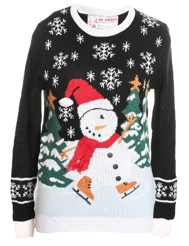 Snowman Design Black Christmas Jumper - S Front Pockets Side Pockets Patch Pockets
