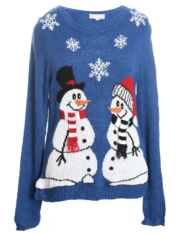 Snowman Design Blue Knit Christmas Jumper - L Elegant Classic Vintage