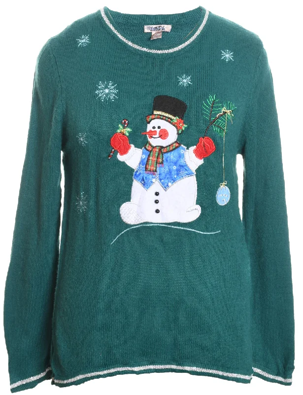 Snowman Design Dark Green Embroidered Christmas Jumper - M Embroidered Appliqued Beaded