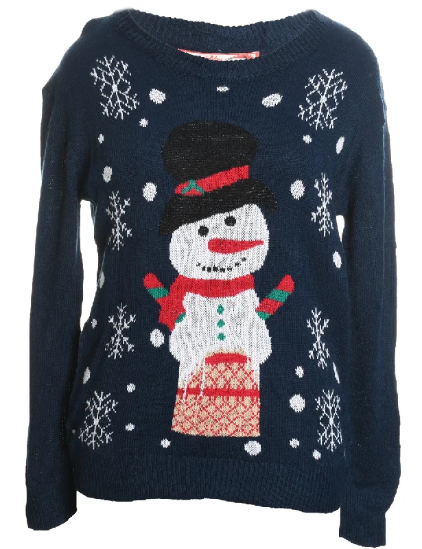 Snowman Design Navy Knit Christmas Jumper - L Cable Knit Ribbed Knit Lace Knit