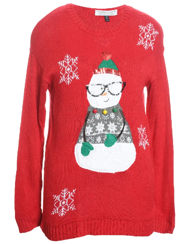 Snowman Design Red Knit Christmas Jumper - M Denim Fabric Leather Fabric Suede Fabric