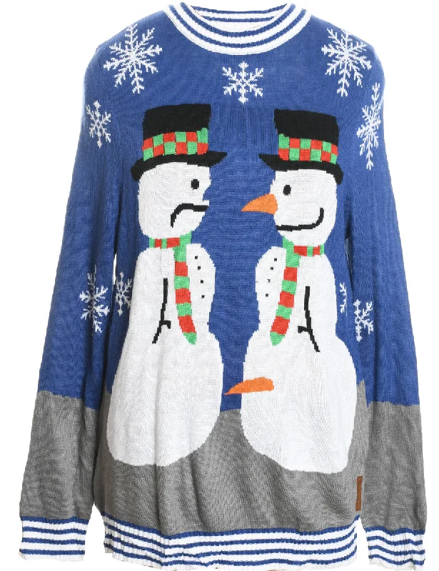 Snowman Navy Patterned Christmas Jumper - L Houndstooth Herringbone Solid