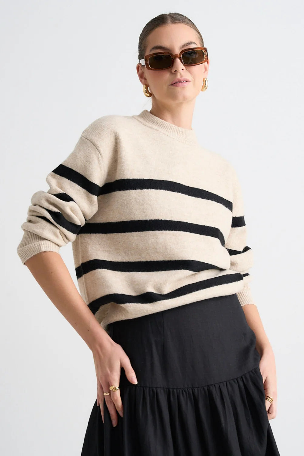STORIES BE TOLD True Oat Black Stripe Crew Knit Jumper Sequined Glittery Shiny