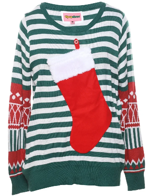 Striped Christmas Jumper - L Embroidered Appliqued Beaded