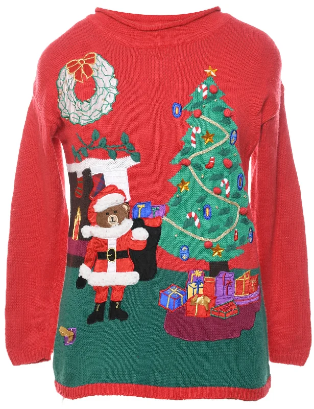 Teddy Bear Print Christmas Jumper - M Neon Metallic Matte