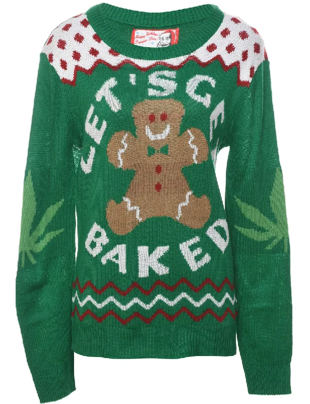 Teddy Bear Print Christmas Jumper - S Spandex Blend Rayon Blend Denim Blend