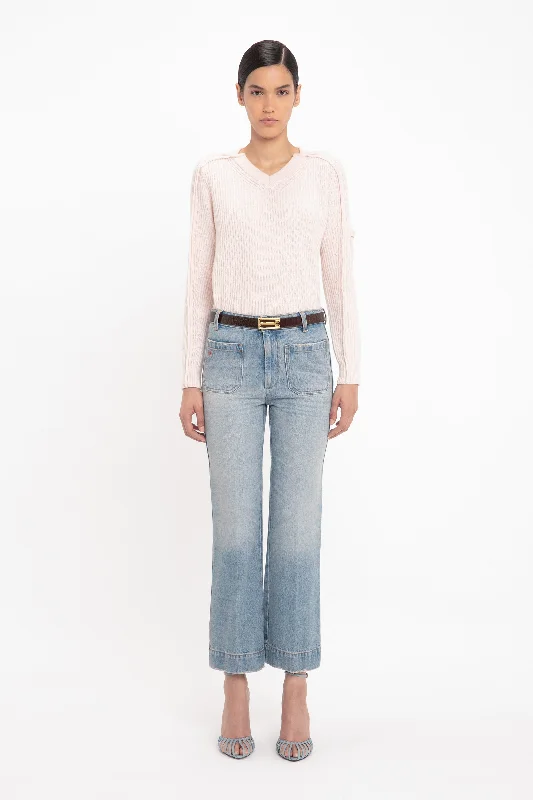 V Neck Knitted Jumper In Pale Peach Toggled Drawstring Belted