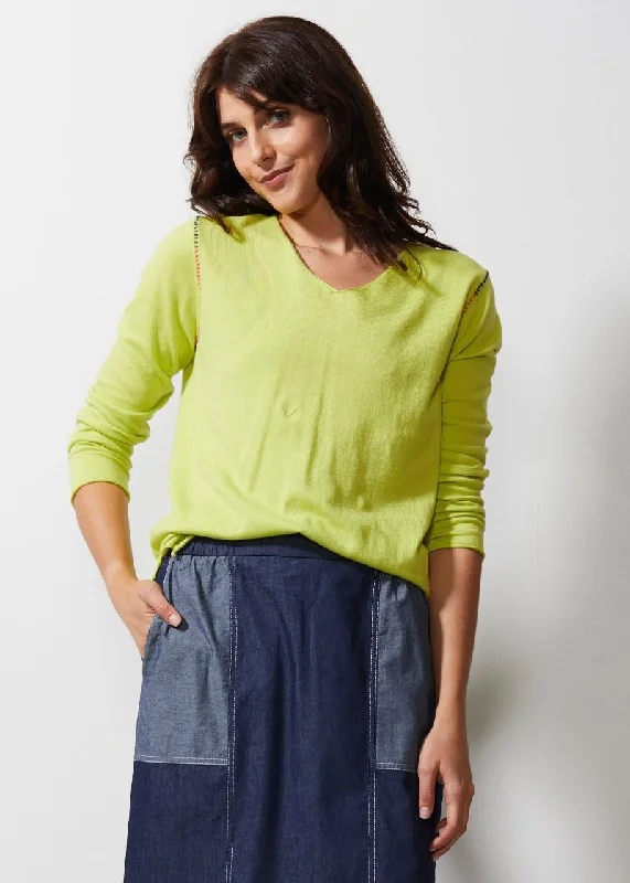 V Stitch Jumper ZP6619 in Lime by Zaket & Plover Satin Blend Silk Blend Wool Blend