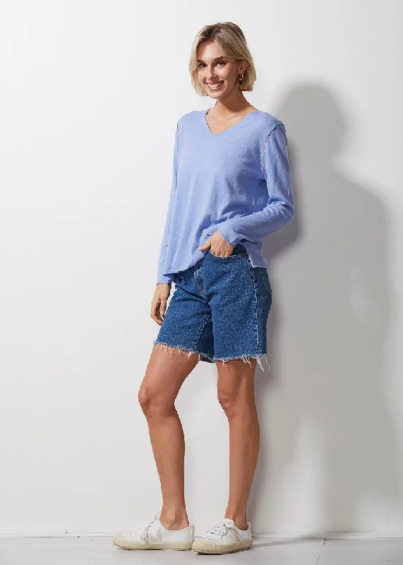 V Stitch Jumper ZP6619 in Blueberry by Zaket & Plover Real Fur Shearling Chenille