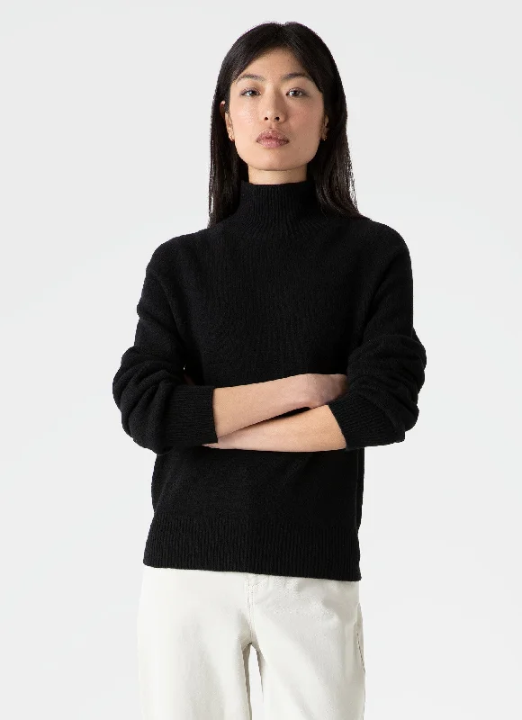 Women's Lambswool Funnel Neck Jumper in Black Machine Wash Dry Clean Hand Wash