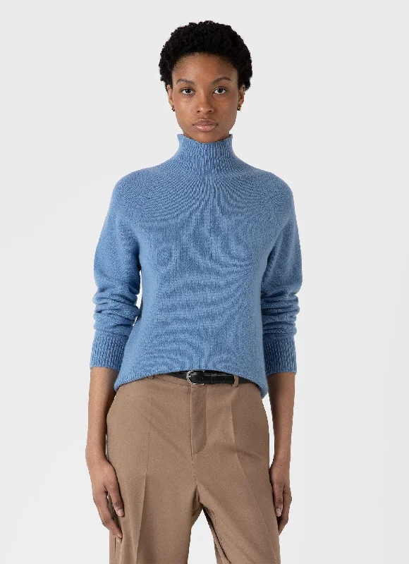 Women's Lambswool Funnel Neck Jumper in Cornflower Toggled Drawstring Belted