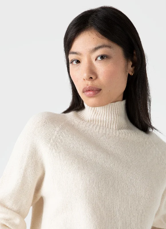 Women's Lambswool Funnel Neck Jumper in Ecru Plaid Sweater Polka Dot Checkered